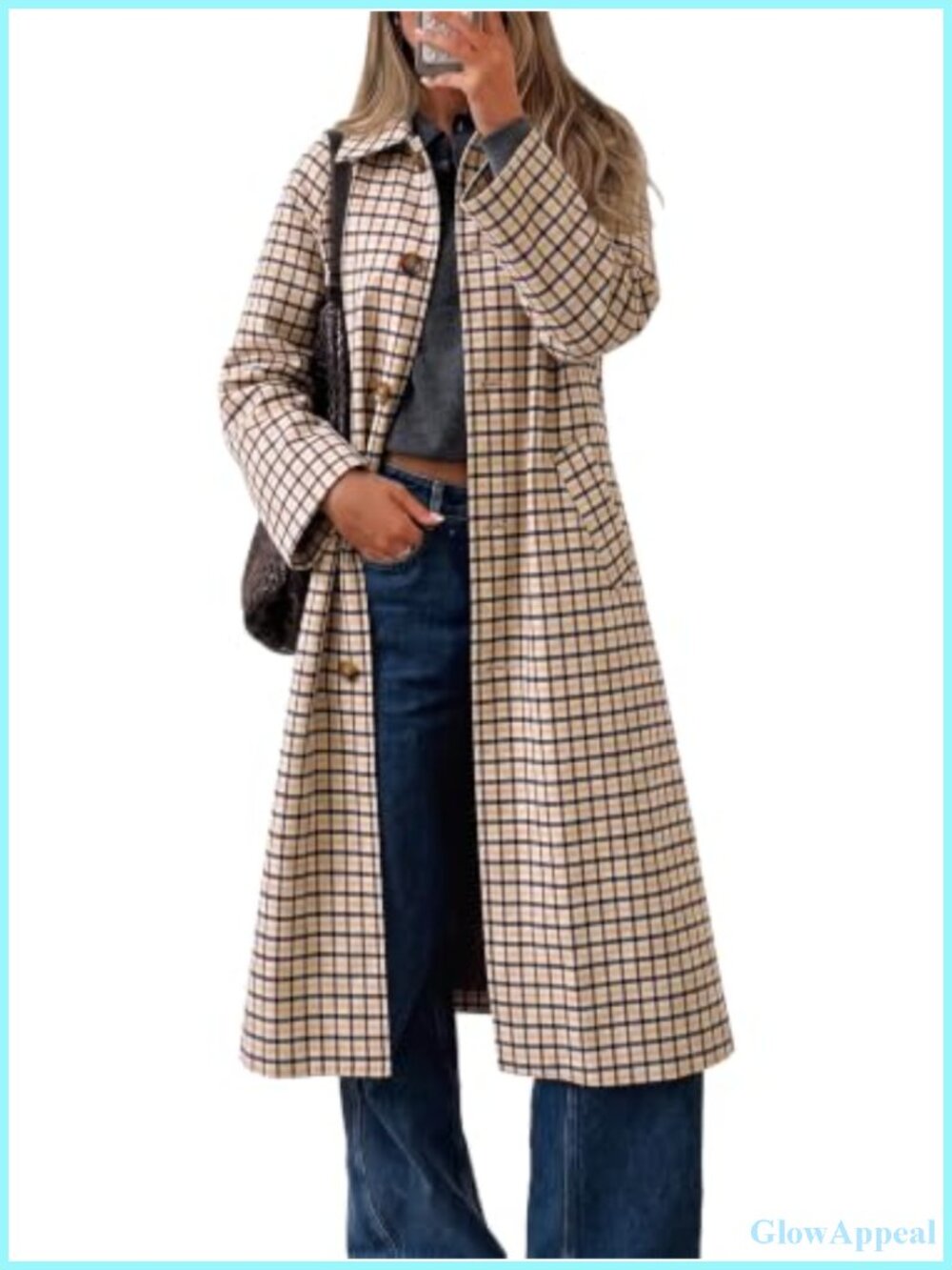 Womens Plaid Trench Coat Long Sleeve Single Breasted Lapel Fall Outerwear